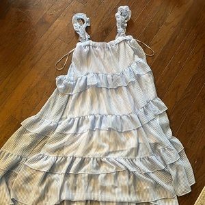 Aura blue and white striped tiered midi dress, size S